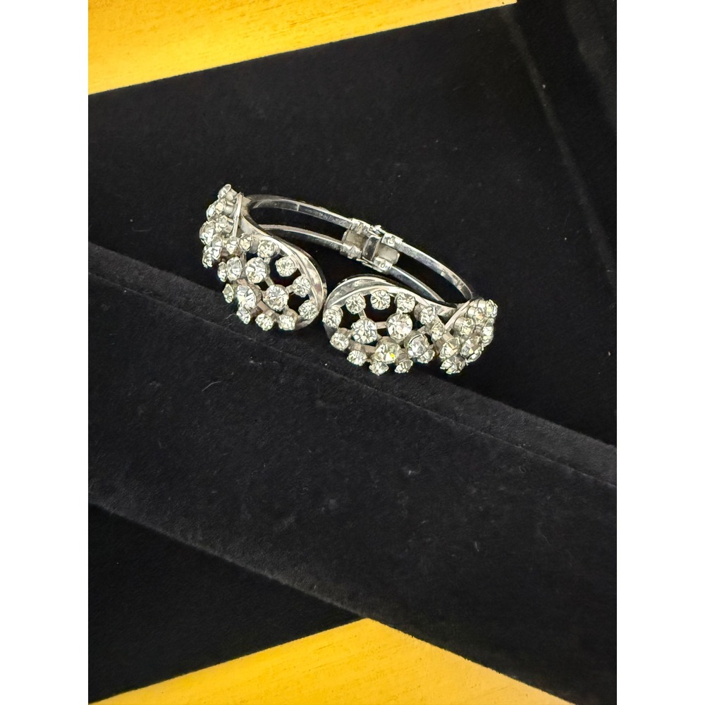 Vintage Silver Tone Rhinestone Hinged Cuff Bracelet Bridal Prom Formal Evening